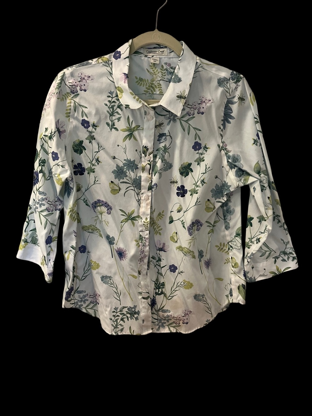 Coldwater Creek White Blouse with Green & Lavender Botanical Print
